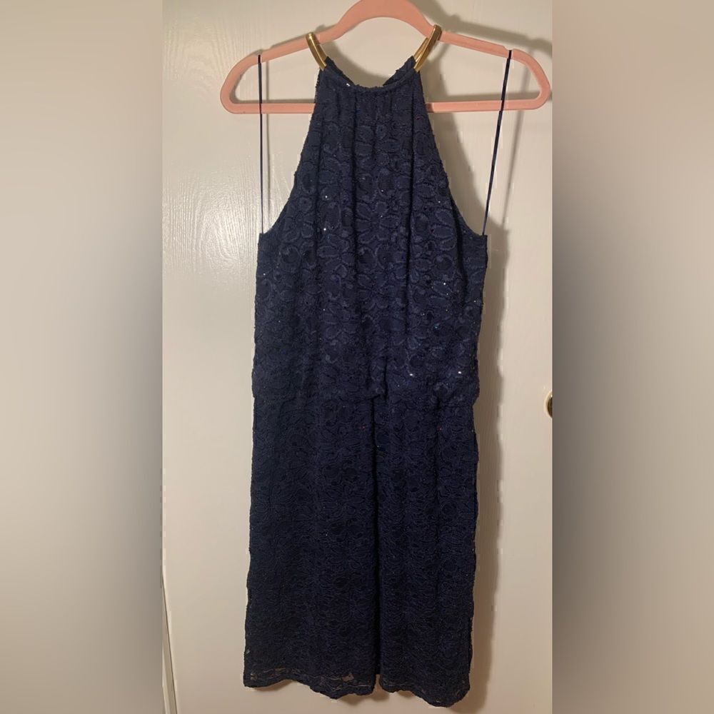 R & M Richard’s Navy blue lace blouson dress with multicolored glitter Size 10